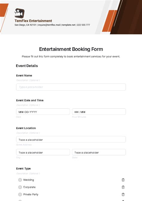 entertainment booking form template