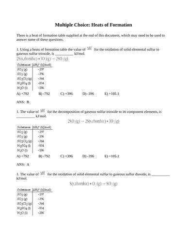 Enthalpy Multiple Choice Questions