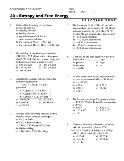 entropy and energy practice test
