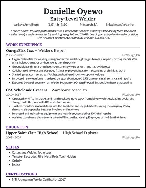Entry Level Welder Resume Sample