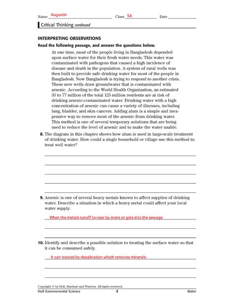 Environmental Science Critical Thinking Question Answers