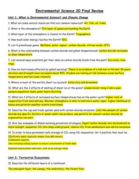 Environmental Science Final Exam Answer Key
