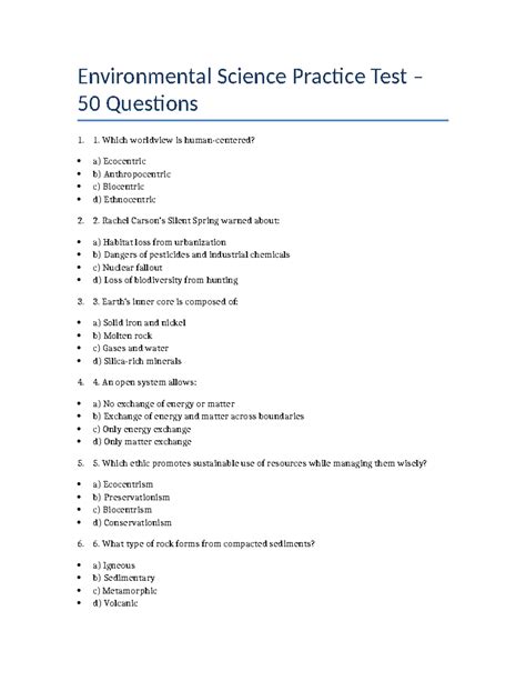 Environmental Science Practice Test Multiple Choice Answers