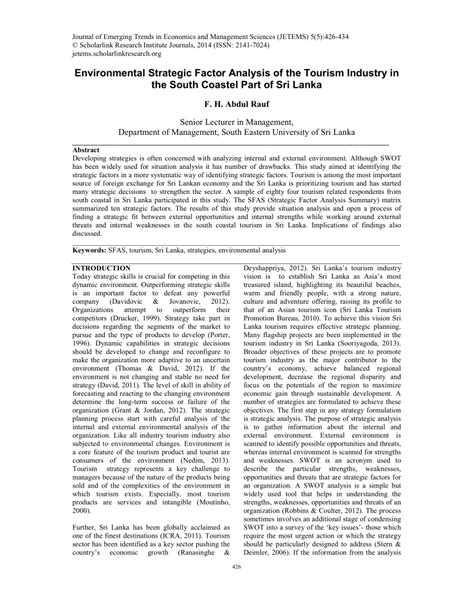 Environmental Strategic Factor Analysis Of The Tourism