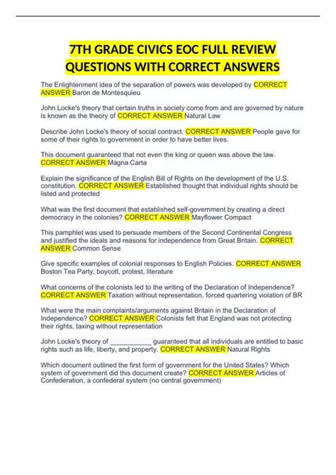 Eoc 7th Grade Civics Study Guide Answers