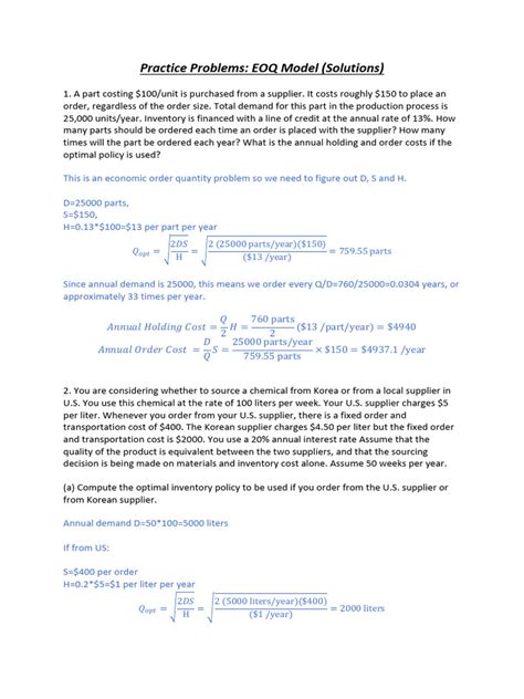 Eoq Problems With Solutions Asch 12 Inventory
