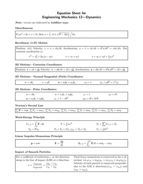 Full Download Equation Sheet For Engineering Mechanics 12 Dynamics 