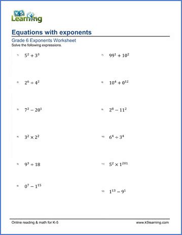 Equations With Exponents Worksheets K5 Learning Math Drills Exponents - Math Drills Exponents