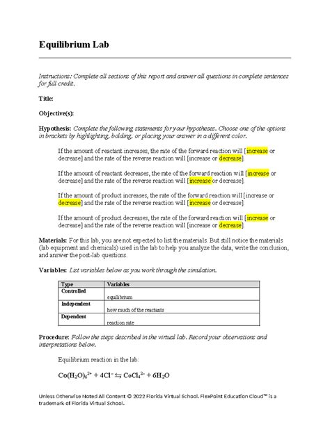 Equilibrium Lab Answers