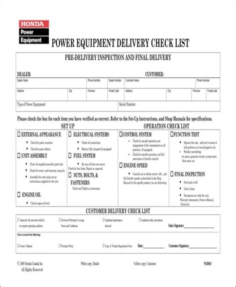 equipment delivery checklist template