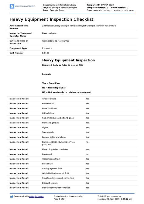 equipment inspection checklist