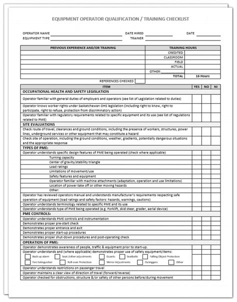 Equipment Operator Competency Checklist