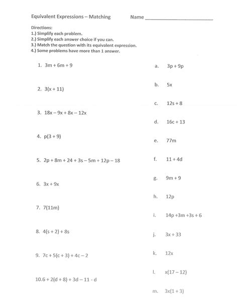 Equivalent Algebraic Expressions Super Teacher Worksheets Matching Equivalent Expressions Worksheet - Matching Equivalent Expressions Worksheet