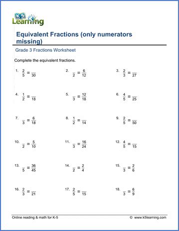 Equivalent Fractions With Numerators Missing K5 Learning Missing Number Fractions - Missing Number Fractions
