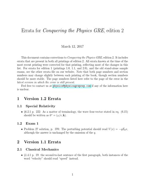 Errata For Conquering The Physics Gre