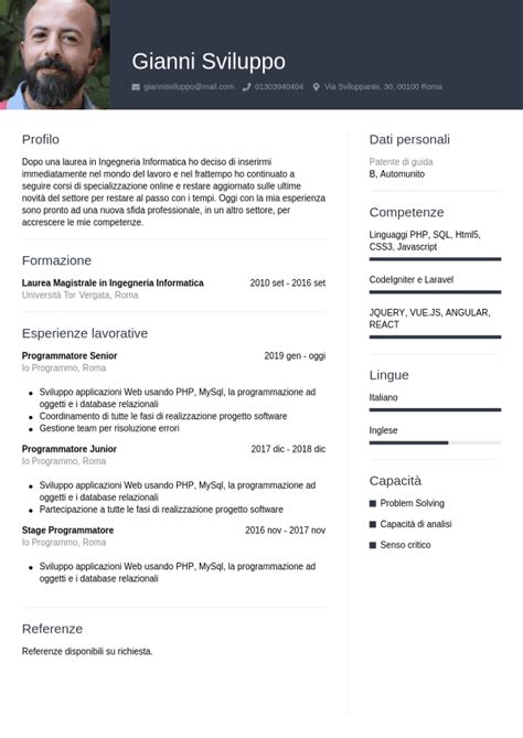 esempio curriculum vitae programmatore informatico
