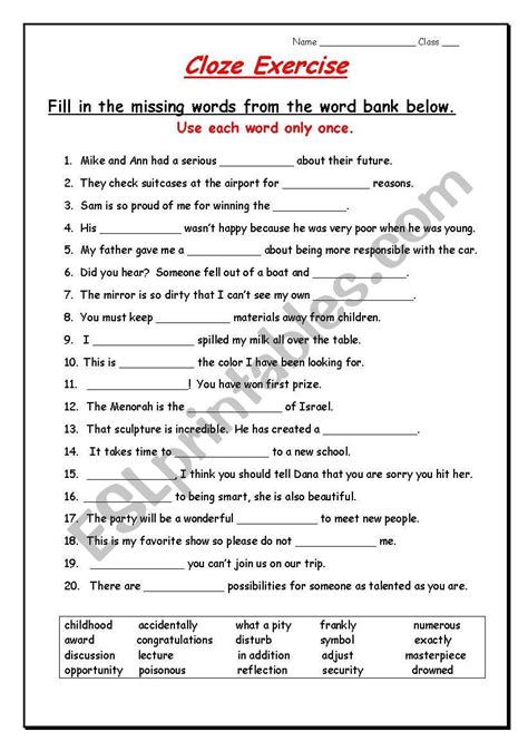 Esl Cloze Worksheets Vocabulary Exercises El Civics Fill In The Missing Words Exercises - Fill In The Missing Words Exercises