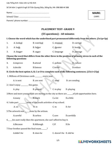 Esl Placement Test 9th Grade