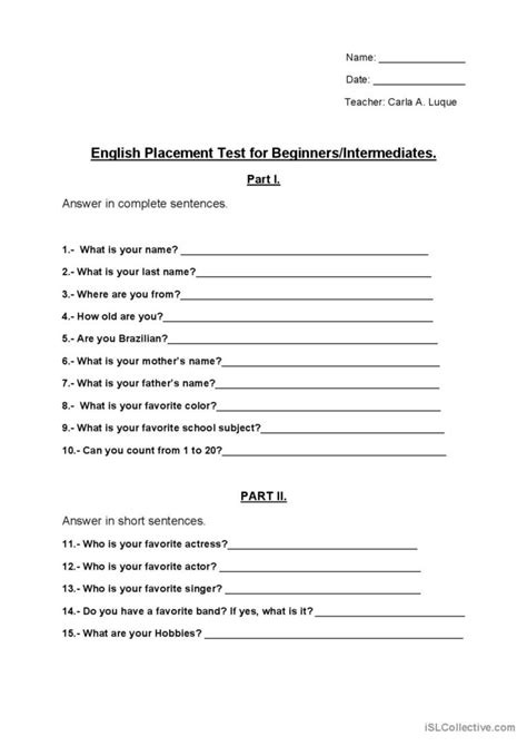 Esl Placement Test Pdf