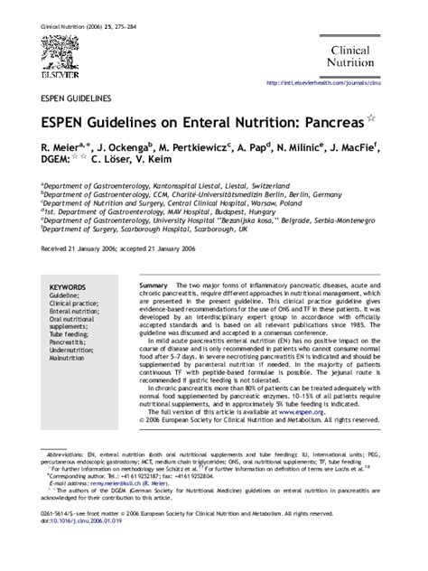 Read Online Espen Guidelines On Enteral Nutrition Pancreas 