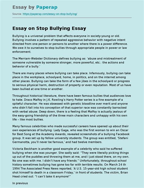 Full Download Essay Papers On Bullying 