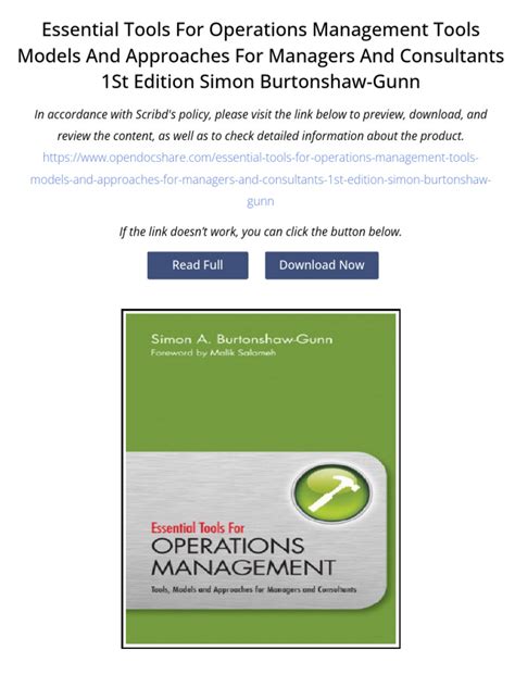 Essential Tools For Operations Management: Tools, Models And Approaches For Managers And Consultants