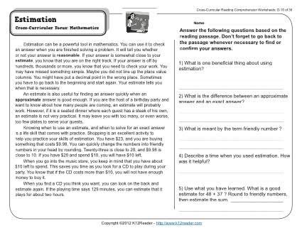 Estimation 4rd Grade Reading Comprehension Worksheet Estimating Worksheet 4th Grade - Estimating Worksheet 4th Grade