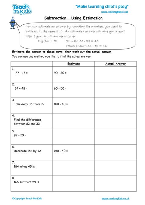 Estimation For Subtraction Estimating Subtraction - Estimating Subtraction