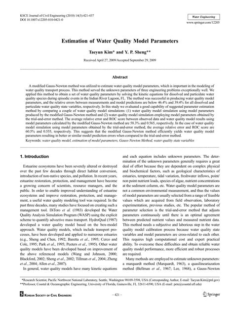 Estimation Of Water Quality Model Parameters Springer