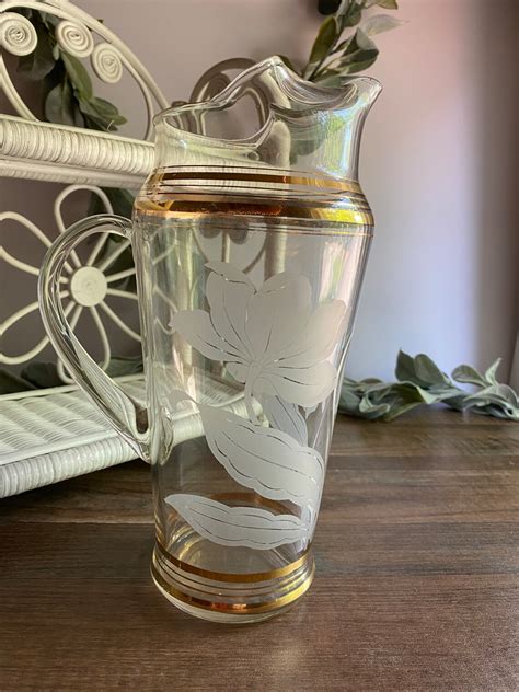 Etched Glass Pitcher Etsy Vintage Glass Pitcher With Etched Flowers - Vintage Glass Pitcher With Etched Flowers