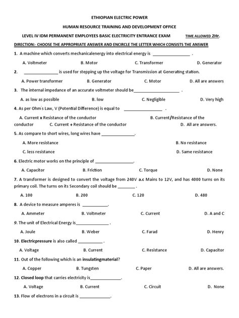 Ethiopian Sample Exam For Electrical Engineering