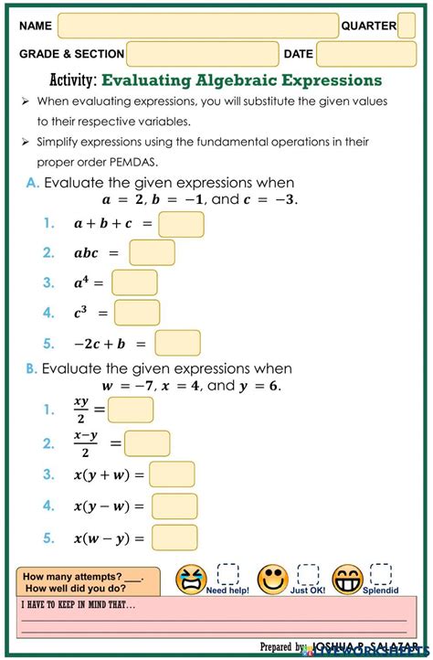 Evaluating Algebraic Expressions Online Exercise Live Worksheets Worksheet On Evaluating Expressions - Worksheet On Evaluating Expressions