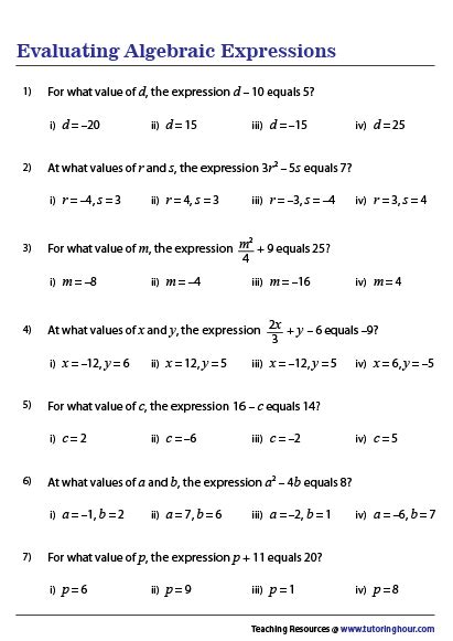 Evaluating Algebraic Expressions Worksheets Tutoring Hour Worksheet On Evaluating Expressions - Worksheet On Evaluating Expressions