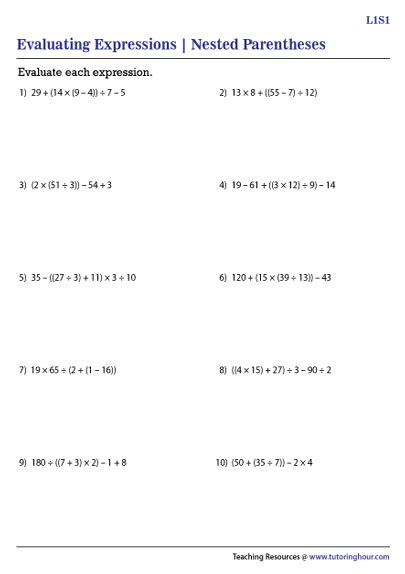 Evaluating Expressions With Nested Parentheses Worksheets Tutoring Hour Parentheses Math Worksheet - Parentheses Math Worksheet