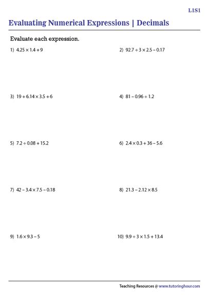 Evaluating Numerical Expressions With Decimals Worksheets Tutoring Hour Numerical Expressions Worksheets 6th Grade - Numerical Expressions Worksheets 6th Grade