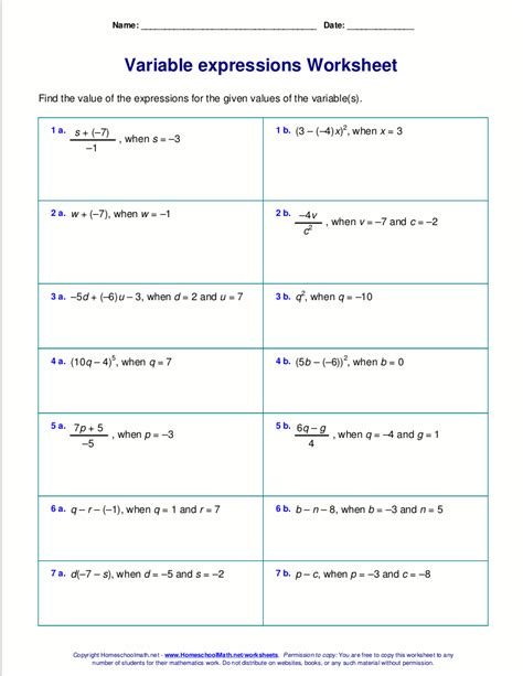Evaluating Variable Expressions Worksheet Writing Expressions With Variables Worksheet - Writing Expressions With Variables Worksheet