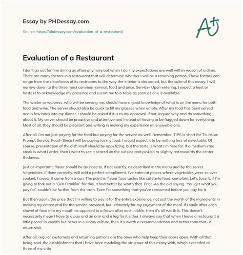 Full Download Evaluation Paper On A Restaurant 