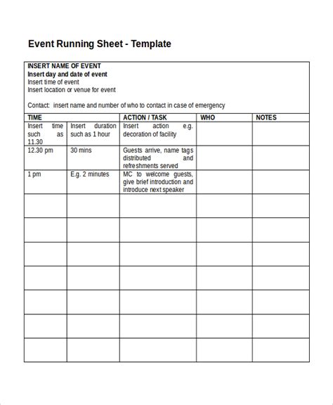 event running sheet template excel