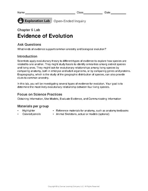 Evidence For Evolution Lab Answer Key