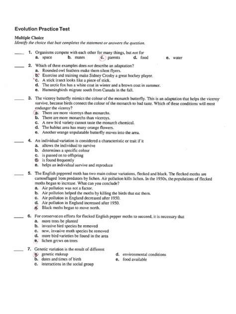 Evolution Chapter Test Practice Answer Key