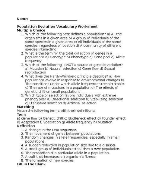 Evolution Populations Vocabulary Review Answer Key