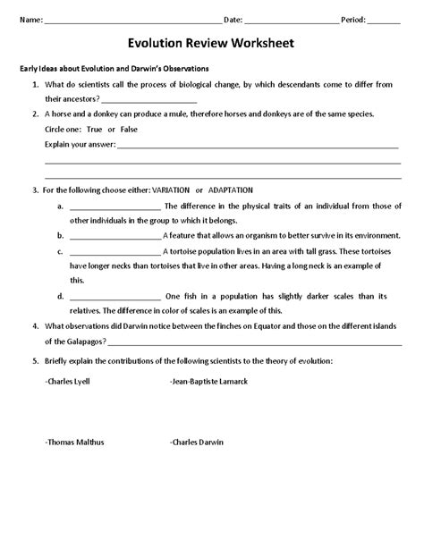 Evolution Review Worksheet Name Date Per