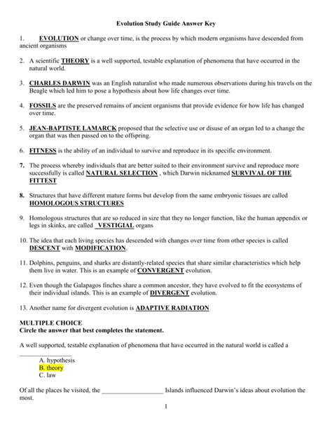 evolution test study guide answers