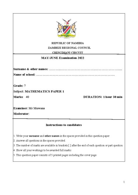 Exam Papers Namibia Mathematics Grade 10