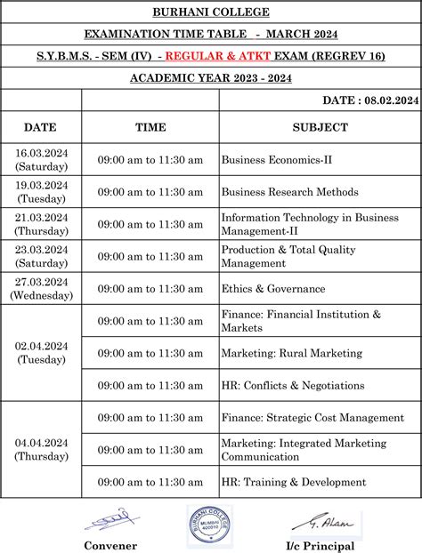 exam time table