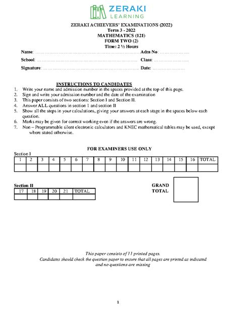 Download Exam Paper Form 2 Maths 