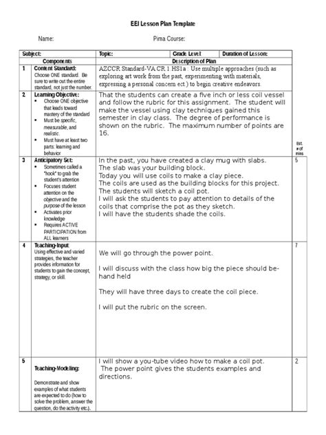 Example Eei Lesson Plans For First Grade