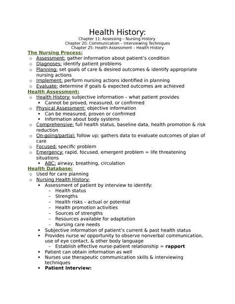 example health history nursing assignment