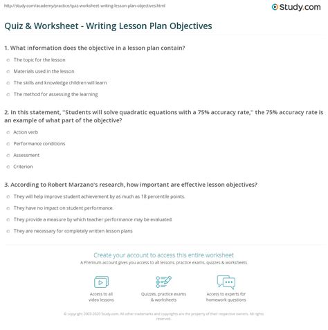 Example Lesson Objectives With Quiz