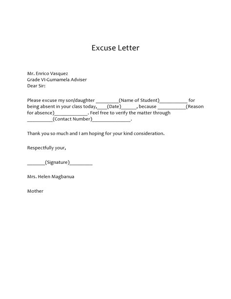 example of excuse letter absent in school